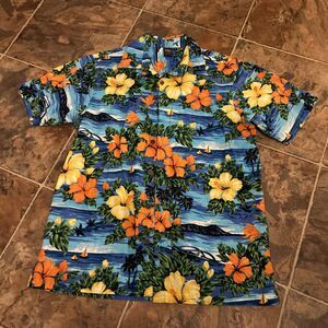 Squish Wear Large Hawaiian Shirt Aloha Camp Cotton Tropical Yellow Hibiscus Logo